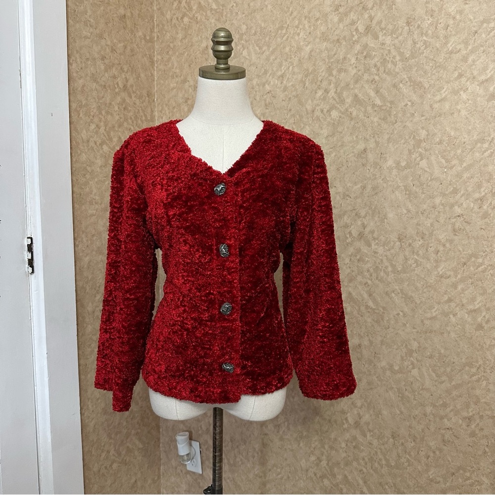 VTG Y2K 90s Bright Red Shaggy Fuzzy Equestrian Horse Button Cardigan Sweater